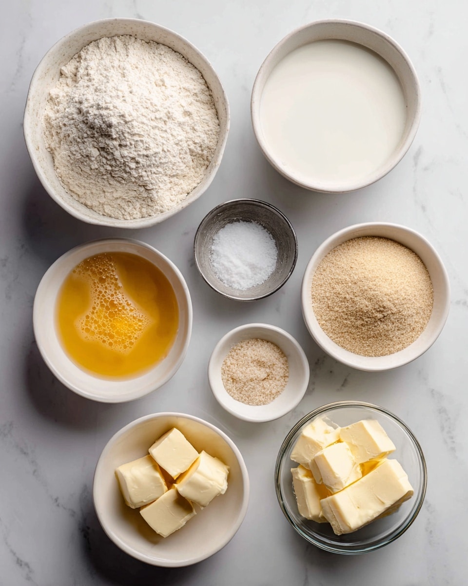 The image shows seven small white bowls arranged on a white marbled surface, each containing different baking ingredients placed separately with black text labels next to them. The largest bowl at the top left is filled with light beige bread flour with a soft, powdery texture. To the right, a large bowl holds white whole milk, appearing smooth and liquid. Near the center left, a small metal bowl contains fine gray salt. Next to it, a small white bowl is filled with light tan sugar grains. Below and slightly left, a white bowl holds a beaten egg mixture with a yellow-orange color and some bubbles on top. To the right of the egg, a small white bowl contains pale yellow unsalted butter cut into cubes showing a smooth, creamy texture. Finally, on the center right, a clear glass bowl has dry light brown yeast granules inside. The arrangement is neat, set on a clean white marbled surface with soft lighting. photo taken with an iphone --ar 4:5 --v 7