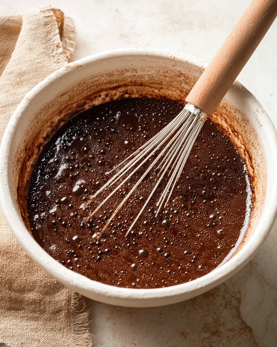 A close-up view of a white bowl filled with thick, dark brown chocolate batter mixed with small bubbles on the surface, showing a slightly uneven texture. Inside the bowl, there is a metal whisk with a wooden handle coated in the same chocolate batter resting diagonally across. The bowl is placed on a white marbled surface with a beige cloth partially visible in the upper left corner. Photo taken with an iphone --ar 4:5 --v 7