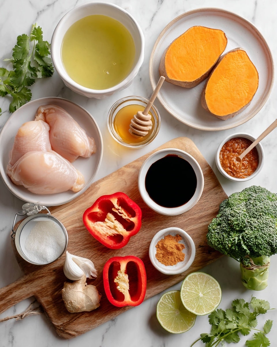 The image shows raw cooking ingredients arranged on a white marbled surface with some on a wooden board. There are two smooth, pale pink chicken pieces placed in a white bowl on the left side. Above them is a clear jug filled with light yellow broth. To the right, two bright orange slices of sweet potato sit on a white plate over the wooden board. Below the sweet potato, a whole shiny red bell pepper and two halves of a red bell pepper with pale inner seeds and bright red sides are arranged next to a small glass jar of dark orange curry paste with a spoon inside. A small white bowl holds light yellow honey with a honey dipper resting inside it, placed near the chicken bowl. Below the honey, a can of thick white coconut milk is opened with a spoon in it. Nearby, a small filled cup of dark soy sauce adds contrast. Two peeled garlic cloves lay on the marbled surface near fresh bright green broccoli heads with rich textures on the bottom right. At the middle right, two lime wedges show pale green flesh next to a small white plate with light brown dried ginger powder with a spoon on top. Fresh green cilantro leaves are scattered across the surface. The photo taken with an iphone --ar 4:5 --v 7