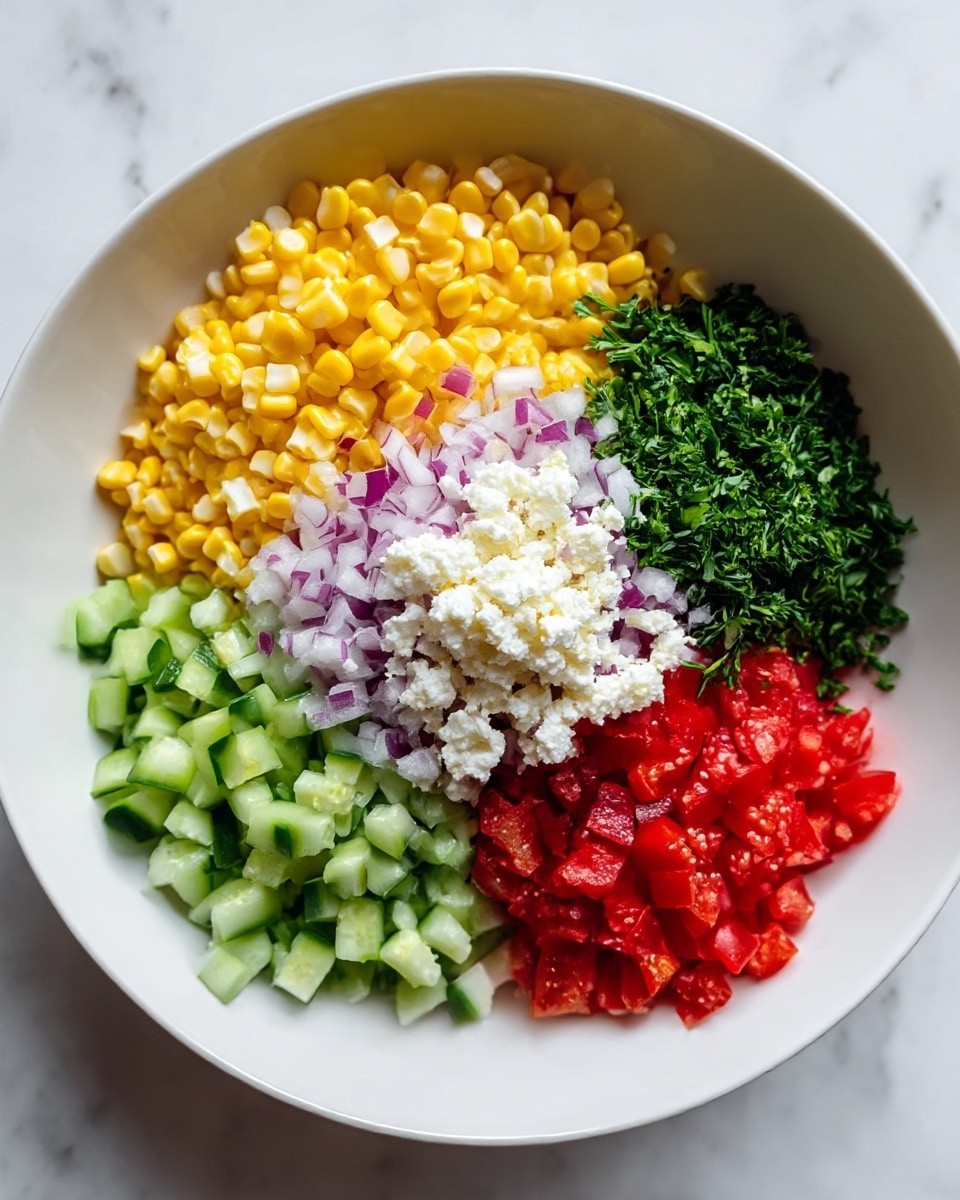 A white bowl is filled with five colorful layers of fresh ingredients. Starting from the top left, there is a bright yellow layer of corn kernels, beside it on the right is a layer of finely chopped purple-red onions. Below the onions, there is a bunch of chopped dark green parsley. To the right side, there is a layer of small green cucumber cubes. On the bottom left, there are bright red diced tomatoes. In the center of the bowl, on top of the layers, lies a small pile of white crumbled cheese with a crumbly texture. The bowl sits on a white marbled surface. Photo taken with an iphone --ar 4:5 --v 7