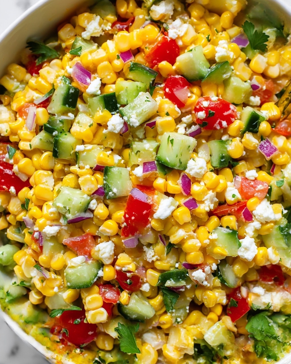 This image shows a colorful salad in a white bowl filled with layers of bright yellow corn kernels and small whole corn pieces. Mixed throughout are small diced fresh cucumber pieces in light green with a shiny texture and small diced red tomatoes that look juicy. There are small bits of red onion with a purple color scattered all over, along with some small pieces of white cheese crumbles. Bright green parsley leaves are sprinkled around the salad, giving it a fresh look. The whole scene sits on a white marbled surface and the photo is taken with an iphone --ar 4:5 --v 7