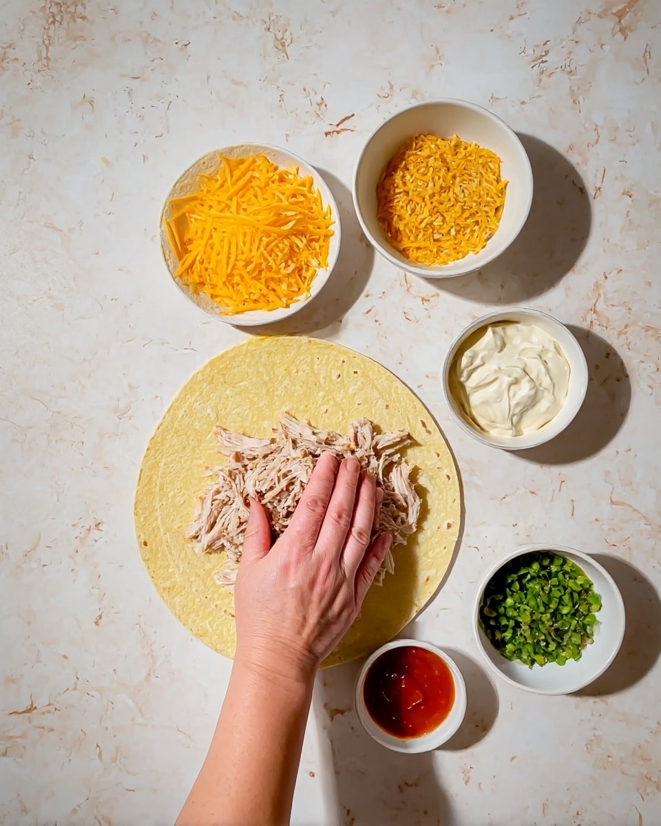 The image shows two light yellow tortillas placed flat on a white marbled surface, with five small white bowls arranged around the bottom tortilla. The largest bowl contains shredded cooked chicken in light brown and cream colors. Nearby, a bowl holds bright orange shredded cheese. Another bowl contains a creamy white mixture, likely sour cream or mayonnaise. Next to it is a small bowl filled with chopped green onions and cilantro, showing shades of vibrant green. The smallest bowl contains a bright red sauce. A woman’s hand is about to pick one of the bowls for preparation. Photo taken with an iphone --ar 4:5 --v 7