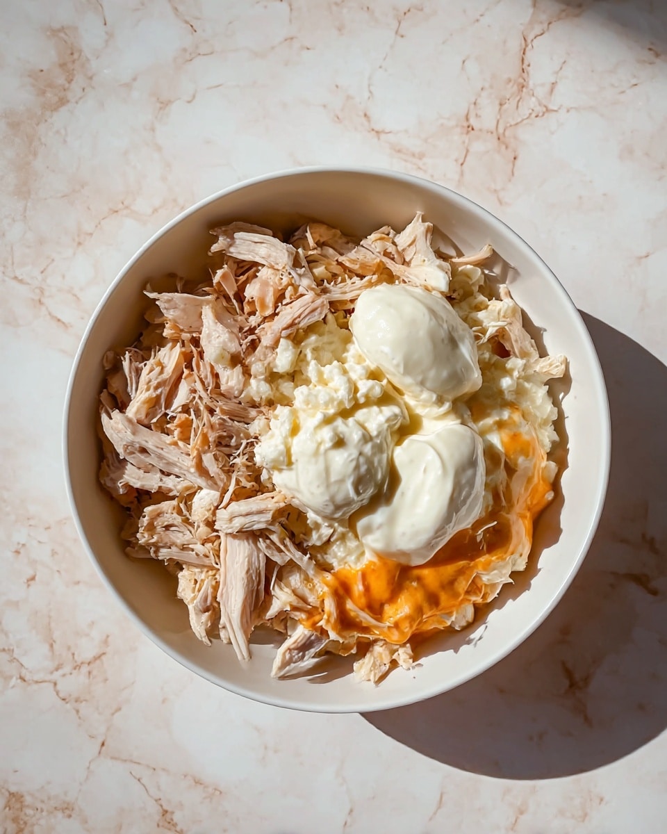 A white bowl is filled with shredded light brown cooked chicken which forms the bottom layer, topped with dollops of white creamy mayonnaise in the center. Beside the mayonnaise, there is a layer of bright orange sauce that adds a splash of color. The dish is placed on a white marbled surface, with natural light creating soft shadows around the bowl. photo taken with an iphone --ar 4:5 --v 7