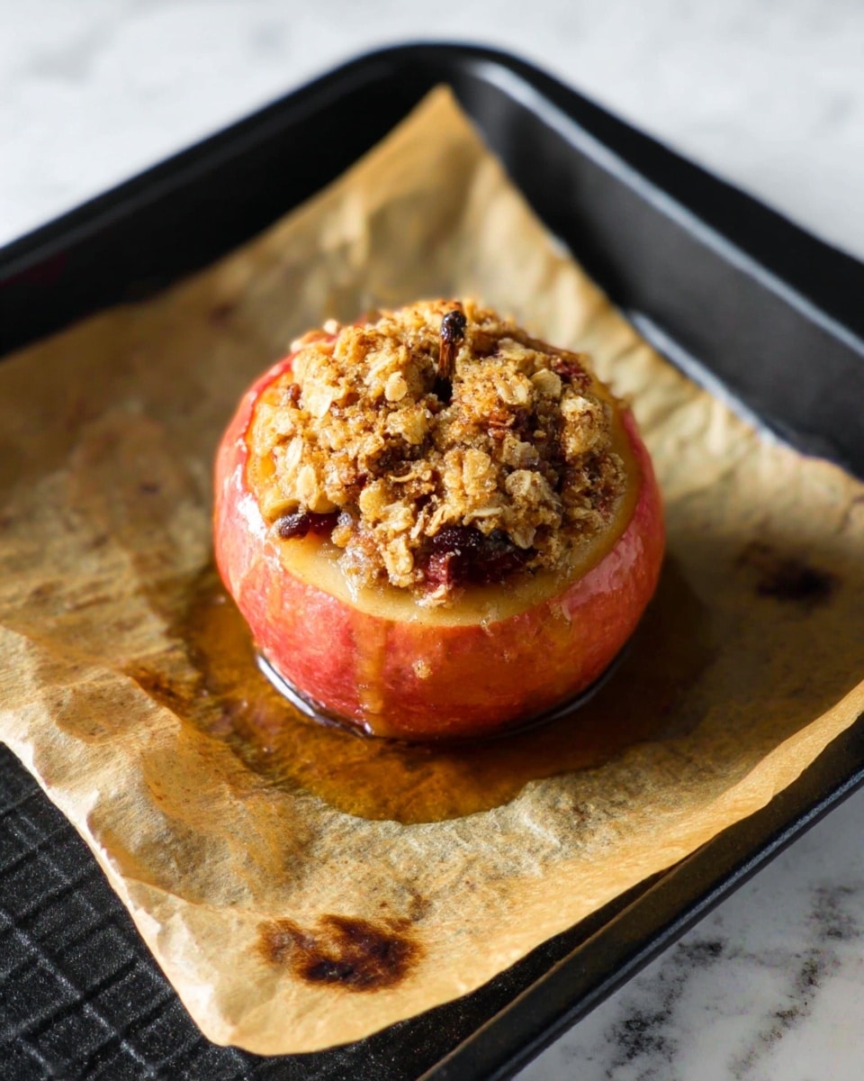 A baked apple sits on a piece of light brown parchment paper with slightly darkened spots from cooking, placed on a black baking tray with a grid pattern. The apple has soft, slightly wrinkled skin in shades of red and yellow. On top, there is a thick layer of golden brown oat crumble mixed with bits of nuts and dried fruit, showing a crunchy texture. Juices from the apple have leaked out, pooling around the base, adding a shiny and wet look to the parchment paper. The scene is set against a white marbled surface. photo taken with an iphone --ar 4:5 --v 7