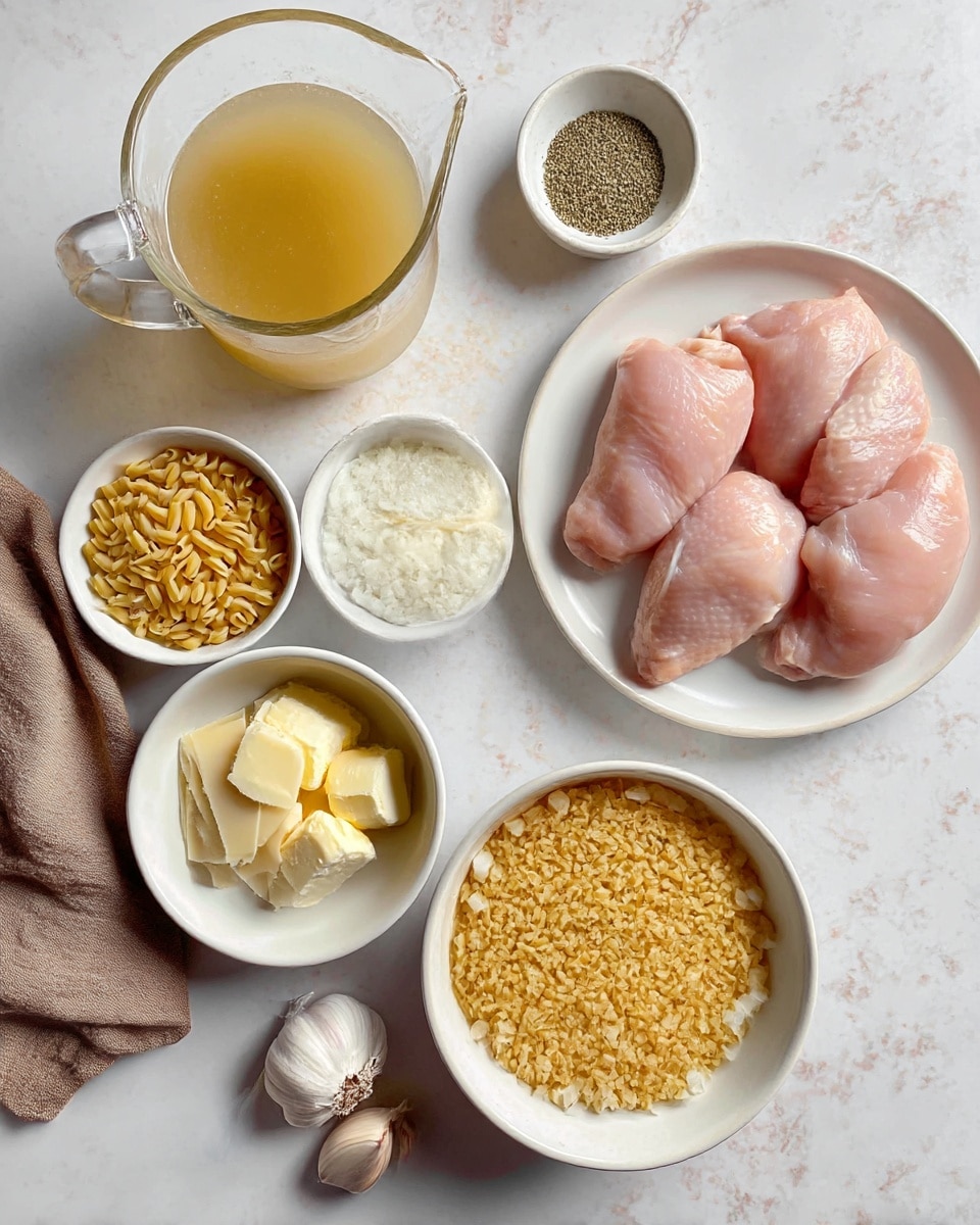 The image shows a white plate with four raw pink chicken pieces in the top right corner. Below that is a small white bowl with three scoops of butter. To the left of the butter is a larger white bowl filled with small, white diced onion pieces. Above this is another white bowl holding uncooked small yellow pasta grains. Further left, there is a small white bowl with thin slices of light yellow cheese. Above that and to the left is a small white bowl of dried herbs. Three whole garlic cloves rest near the bottom left next to a light brown cloth. At the top left, a clear glass measuring cup holds a light yellow broth. The table surface is a white marbled texture. photo taken with an iphone --ar 4:5 --v 7