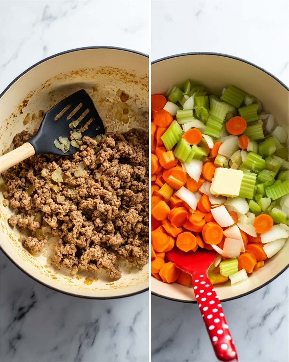 The image shows two side-by-side views of a large cream-colored pot on a white marbled surface. On the left side, the pot contains browned ground meat being stirred with a black slotted spatula. The meat looks crumbly and cooked with small bits of cooked onion or seasoning visible. On the right side, the pot contains chopped bright orange carrot slices, light green celery pieces, and white onion chunks. A dollop of pale yellow butter is melting in the middle. A red spatula with white polka dots is stirring the vegetables. Both images show the pot interior clearly with a creamy texture and light browning at the bottom. photo taken with an iphone --ar 4:5 --v 7