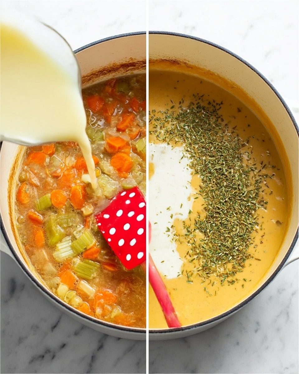 The image shows a close-up view of a round white pot sitting on a white marbled surface with two stages of cooking visible side by side. On the left side, the pot contains a chunky mixture of light brown liquid with visible pieces of orange carrots and green celery being stirred by a red spatula with white polka dots while a pale yellow liquid is poured into it from the left. On the right side, the pot has a thick creamy orange-yellow liquid with a white liquid pool in the center topped with scattered green dried herbs evenly spread out. The pot’s edges are darkened, showing use, and the inside has a smooth texture. photo taken with an iphone --ar 4:5 --v 7