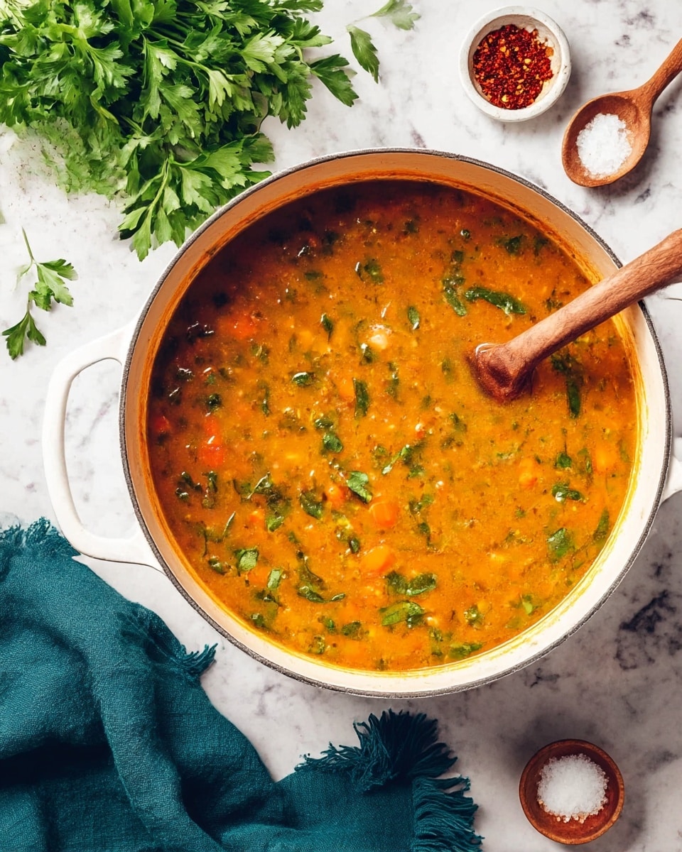 A large white pot filled with a thick, orange soup that has visible green leafy herbs and small chunks of vegetables like carrots scattered throughout. A wooden spoon rests inside the pot on the right side, partially dipped into the soup. The surface under the pot is a white marbled texture with a bunch of fresh green parsley in the top left corner and a small white bowl with red spices and a tiny wooden spoon in the upper right. A small round container with salt and a matching wooden spoon is near the bottom left, alongside a dark teal cloth with fringed edges resting on the right side. Photo taken with an iphone --ar 4:5 --v 7