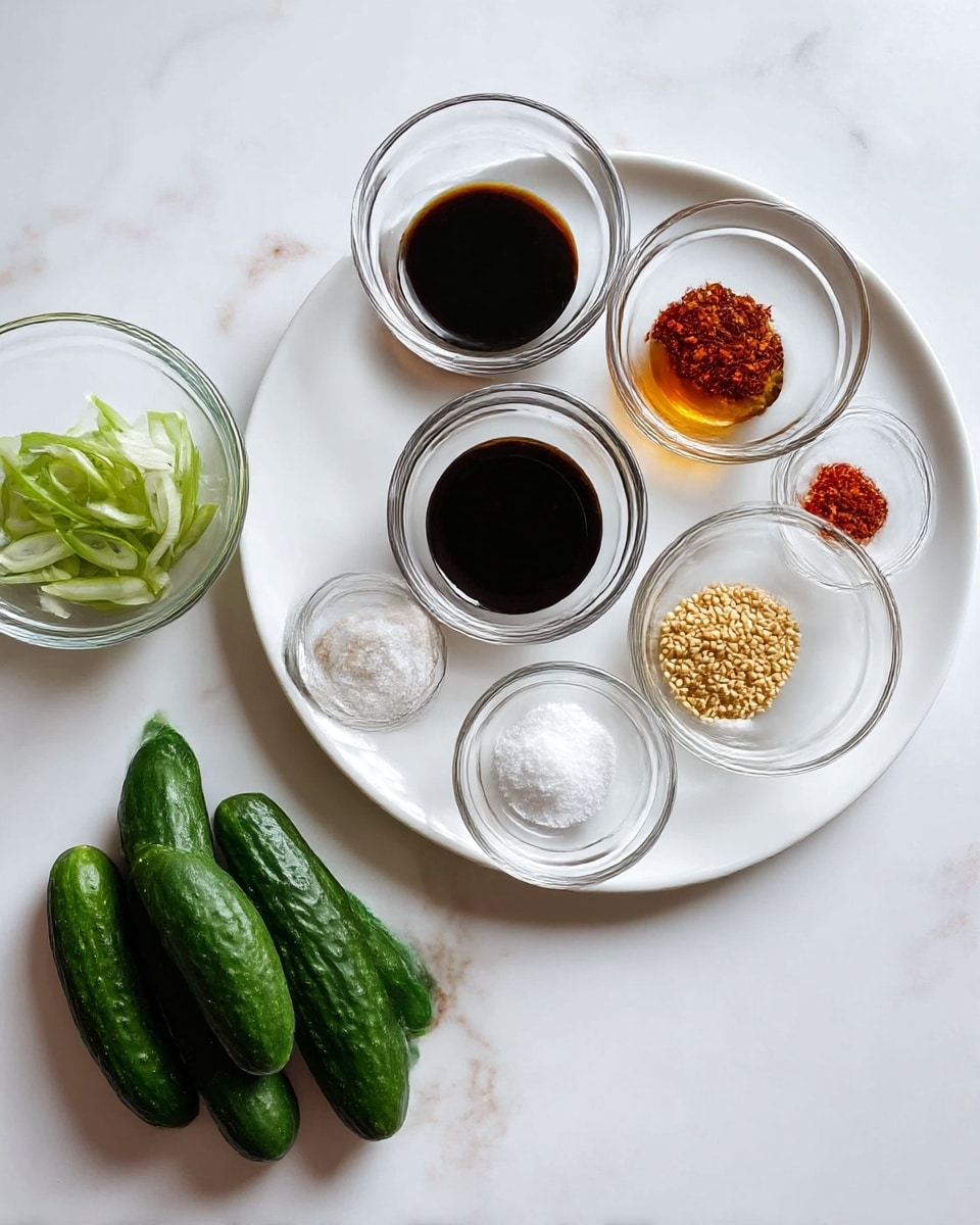 There is a white round plate on a white marbled surface holding eight small clear glass bowls arranged in a circle, each with different ingredients: black soy sauce, amber-brown liquid, red chili flakes in oil, white granulated salt, light clear liquid, golden sesame seeds, white sugar, and minced garlic. To the left of the plate, there is a small clear glass bowl with sliced green onions, and below the plate, six fresh dark green mini cucumbers are laid out in a loose cluster. The image has soft natural light, and the colors are clear and bright. photo taken with an iphone --ar 4:5 --v 7