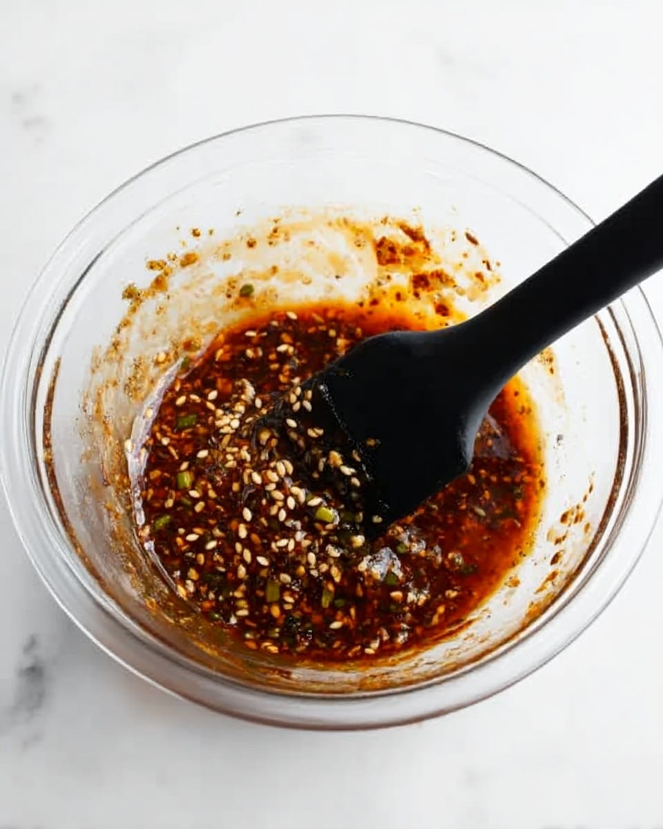 A clear glass bowl placed on a white marbled surface contains a mixture with a thick, dark reddish-brown sauce with visible sesame seeds and small pieces of green herbs. A black spatula with a flat, smooth surface is inside the bowl, stirring the sauce. The sauce has a glossy texture with some oily spots and bits of ingredients spread unevenly around the bowl’s inner sides. photo taken with an iphone --ar 4:5 --v 7