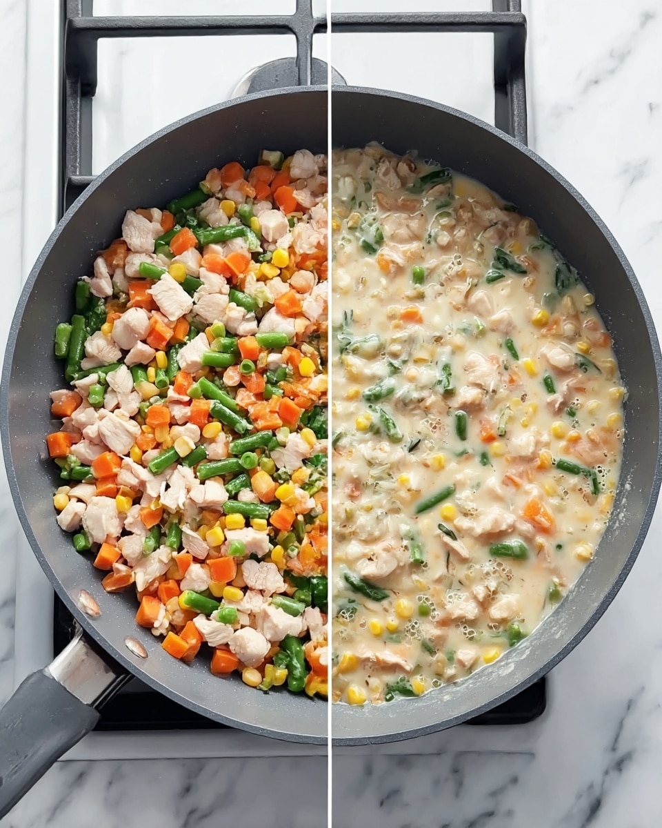 A gray non-stick pan on a stove burner with diced white chicken pieces mixed with small bright orange carrot cubes, yellow corn kernels, green beans, and peas, all evenly spread across the pan surface, showing different textures with the vegetables firm and the chicken slightly cooked; next to it, the same pan contains the same ingredients but now covered with a light creamy sauce that looks thick and mixed well, partially covering the vegetables and chicken, creating a soft and wet texture with visible small bits of the ingredients through the sauce, all sitting on a white marbled surface beneath the stove photo taken with an iphone --ar 4:5 --v 7