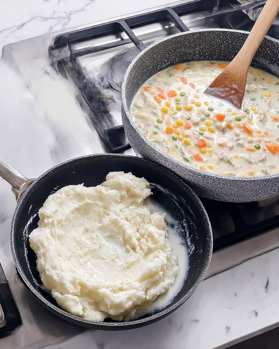The image shows two pans on a gas stove. The front black pan contains lumpy, thick white dough-like mashed potatoes with a bit of liquid milk in the center. The back gray speckled pan holds a creamy soup with visible grains of rice, diced orange carrots, yellow corn kernels, green peas, and small pieces of meat, stirred with a wooden spoon. The stove and the surrounding surface have a clean stainless steel and white marbled texture. The photo is taken with an iphone --ar 4:5 --v 7
