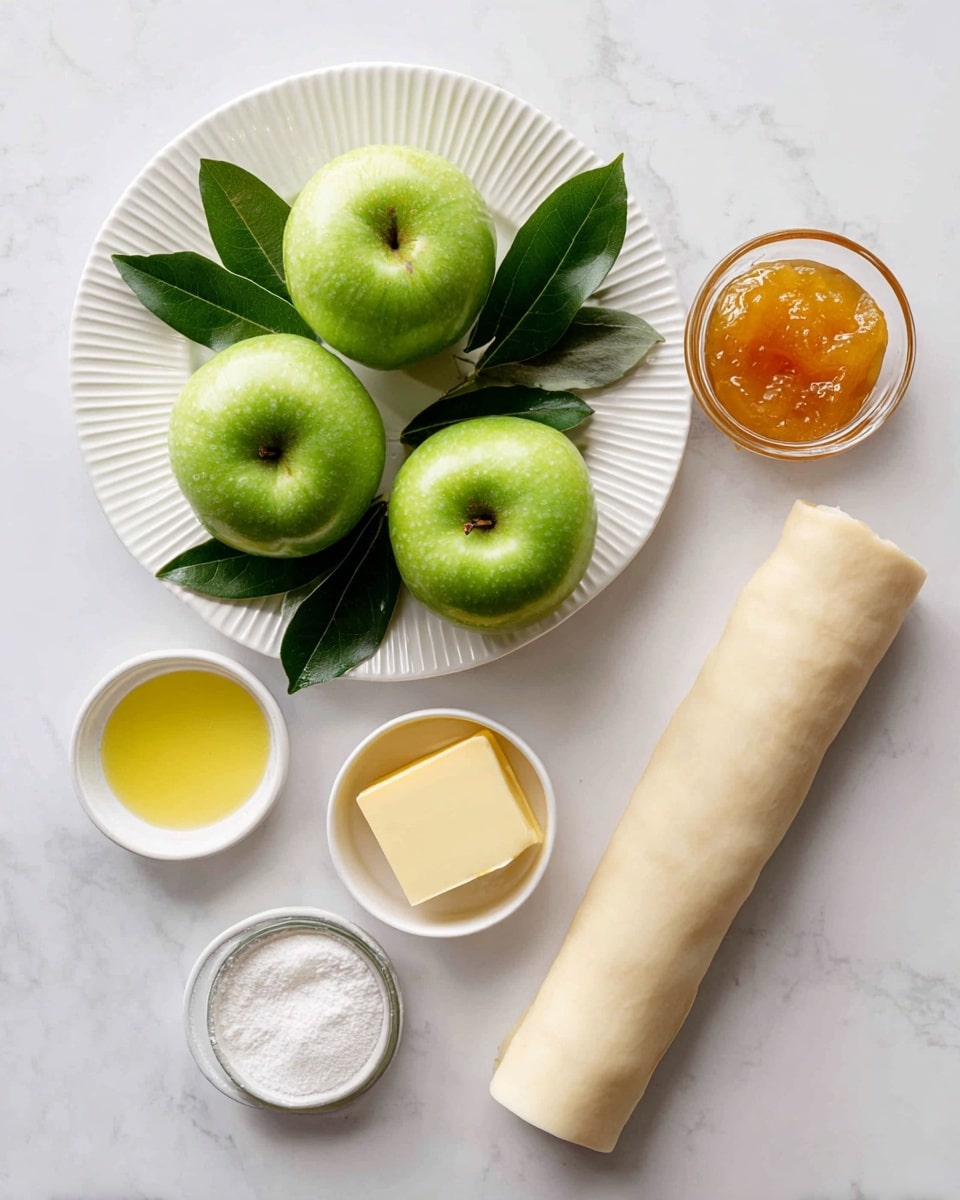 Four green apples with dark green leaves are placed on a white plate with a ridged edge, positioned at the top left. To the right, a small white bowl holds orange marmalade with a smooth glossy texture. Below it, there is a small clear glass filled with melted yellow butter. Near the bottom left, a small white bowl contains white granulated sugar. At the bottom right, a rolled puff pastry sheet with a light beige color and smooth texture is placed on a white marbled surface. All items are arranged neatly on this white marbled background. photo taken with an iphone --ar 4:5 --v 7