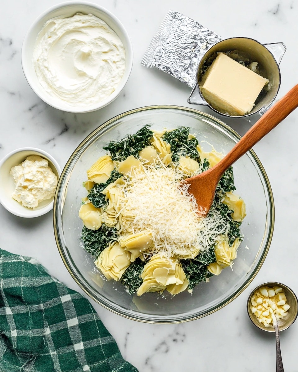 A clear glass mixing bowl filled with three layers of ingredients: the bottom layer is pale yellow artichoke hearts, scattered with chopped dark green kale, and topped with a light dusting of shredded white cheese. A wooden spoon is placed inside the bowl, resting on the left side. Around the bowl are four small containers on a white marbled surface; at the top left, a white bowl filled with thick white cream, below it a partially unwrapped silver foil package of cream cheese, to the top right a metal measuring cup with white cream cheese, and to the far right a small white bowl containing minced garlic with a silver spoon. A green and white checkered cloth is folded and placed at the bottom left. photo taken with an iphone --ar 4:5 --v 7