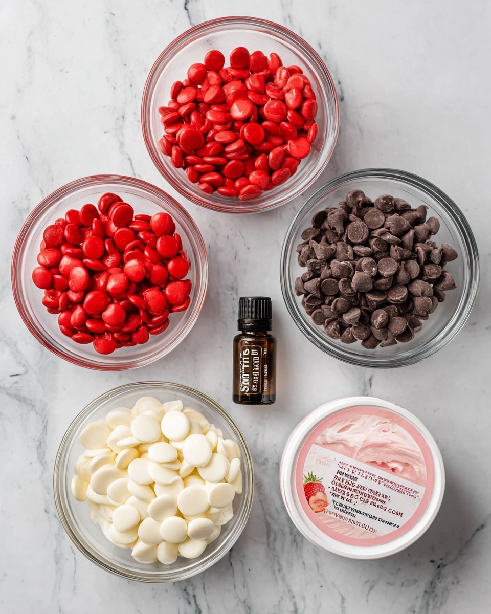 The image shows five ingredients arranged on a white marbled surface. In the top left is a clear glass bowl filled with bright red candy melts. To the right of it is a larger clear glass bowl full of dark brown semi-sweet chocolate chips. Below the red candy melts is another clear glass bowl filled with creamy white chocolate chips. In the center near the bottom is a small brown bottle labeled strawberry extract. On the bottom right is a round white container with a label for strawberry cream cheese, showing pink cream cheese and strawberries on the packaging. photo taken with an iphone --ar 4:5 --v 7