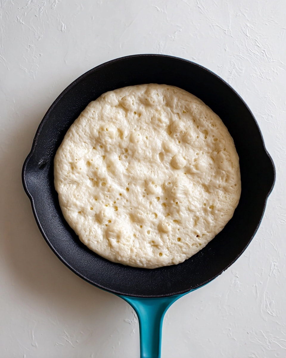 A single round, pale dough piece with a slightly puffed and bubbled surface sits in the center of a black pan with a teal handle, all placed on a white marbled surface. The dough's texture shows various small and medium air bubbles, giving it a soft, uneven look. The pan is clean, smooth, and contrasts with the dough's light color. photo taken with an iphone --ar 4:5 --v 7