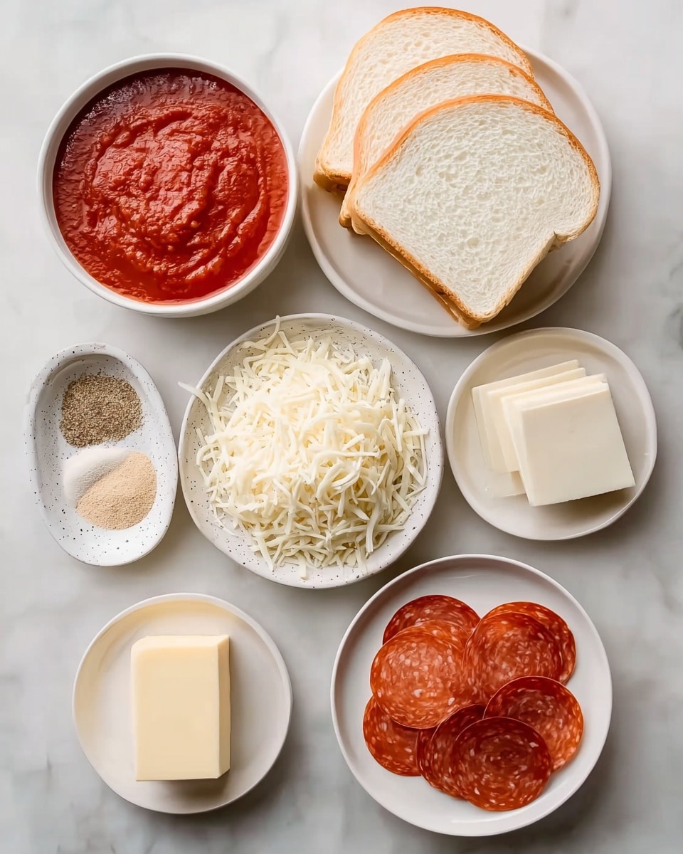 The image shows six white plates and bowls placed on a white marbled surface, each containing different pizza ingredients. In the top right, a white plate holds four slices of plain white bread stacked slightly overlapping. To its left, a white bowl is filled with thick red tomato sauce, showing a smooth and slightly chunky texture. Below the sauce, a white speckled bowl contains a mix of four spices, including light beige, black, and off-white powders, arranged in separate small piles. In the center, another white speckled bowl is heaped with shredded white mozzarella cheese. To the right of the cheese bowl, a white bowl holds circular, red pepperoni slices neatly stacked and slightly overlapping. At the bottom, a small white plate contains a rectangular stick of pale yellow butter, while next to it, another white plate holds several square slices of white cheese stacked loosely. The overall look is clean, organized, and colorful with an emphasis on fresh pizza ingredients, photo taken with an iphone --ar 4:5 --v 7