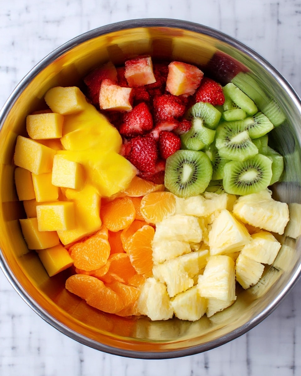 A large metal bowl holds five sections of fresh fruit, each separate and arranged in a circle. One section has bright yellow cubes with smooth surfaces, another has red strawberry pieces with a slightly shiny texture. Next to them are orange round segments, then green kiwi slices with small black seeds, and finally, pale yellow pineapple chunks with a fibrous look. The bowl sits on a white marbled surface. photo taken with an iphone --ar 4:5 --v 7