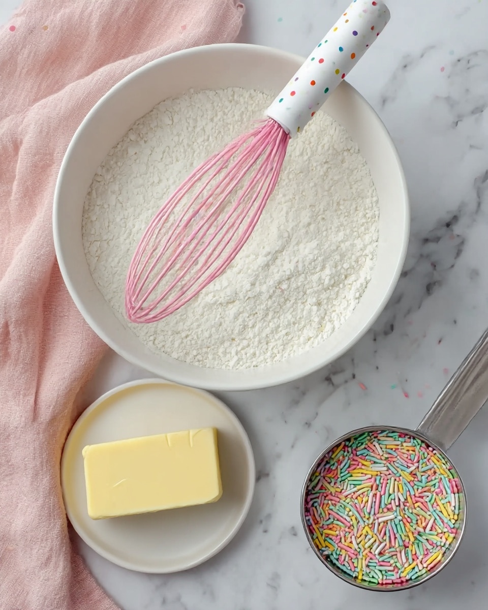 A white bowl filled with a fluffy white powder mix, with a pink whisk having a white handle with colorful dots resting inside it, sits on a white marbled surface. Below the bowl, there is a small white plate holding a solid block of pale yellow butter. To the right of the small plate, a metal measuring cup is filled with colorful sprinkles that include pink, yellow, white, green, and blue sticks. A soft pink cloth is placed under the large bowl, partially visible on the left side. Photo taken with an iphone --ar 4:5 --v 7