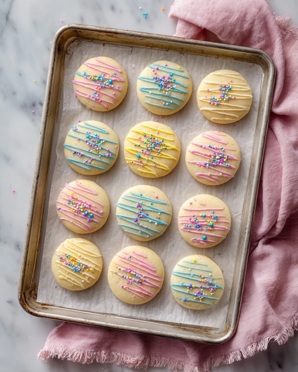 A baking tray lined with parchment paper holds twelve round, pale yellow cookies arranged in three rows of four. Each cookie is decorated lightly with thin stripes of colorful icing in pink, blue, and yellow, topped with small, round sprinkles in matching pastel colors. The surface under the tray is white marbled, and a soft pink cloth with slightly frayed edges is placed to the right side of the tray. Photo taken with an iphone --ar 4:5 --v 7