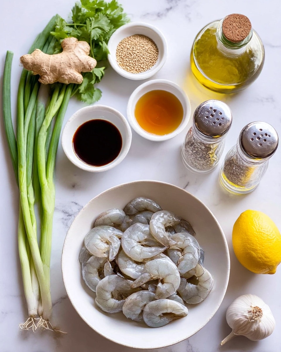 A white bowl filled with a single layer of raw, peeled shrimp that are greyish-white with hints of light blue and a smooth, slightly translucent texture sits in the lower right part of the image. To the left, there are bright green stalks of scallions with a fresh, smooth texture and a bundle of fresh cilantro with vibrant green, slightly ruffled leaves. Nearby, there is a piece of light brown ginger root with a knobby, rough surface. Above the bowl, small white ramekins hold a dark brown liquid (soy sauce), a golden amber liquid (honey), and pale beige sesame seeds with a tiny, smooth texture. A whole yellow lemon with a bumpy surface is at the top right. To the right are clear glass salt and pepper shakers with metal tops and a glass bottle with olive oil, featuring a cork stopper. Two garlic cloves with smooth, off-white skins are placed near the lemon, all arranged neatly on a white marbled surface. Photo taken with an iphone --ar 4:5 --v 7