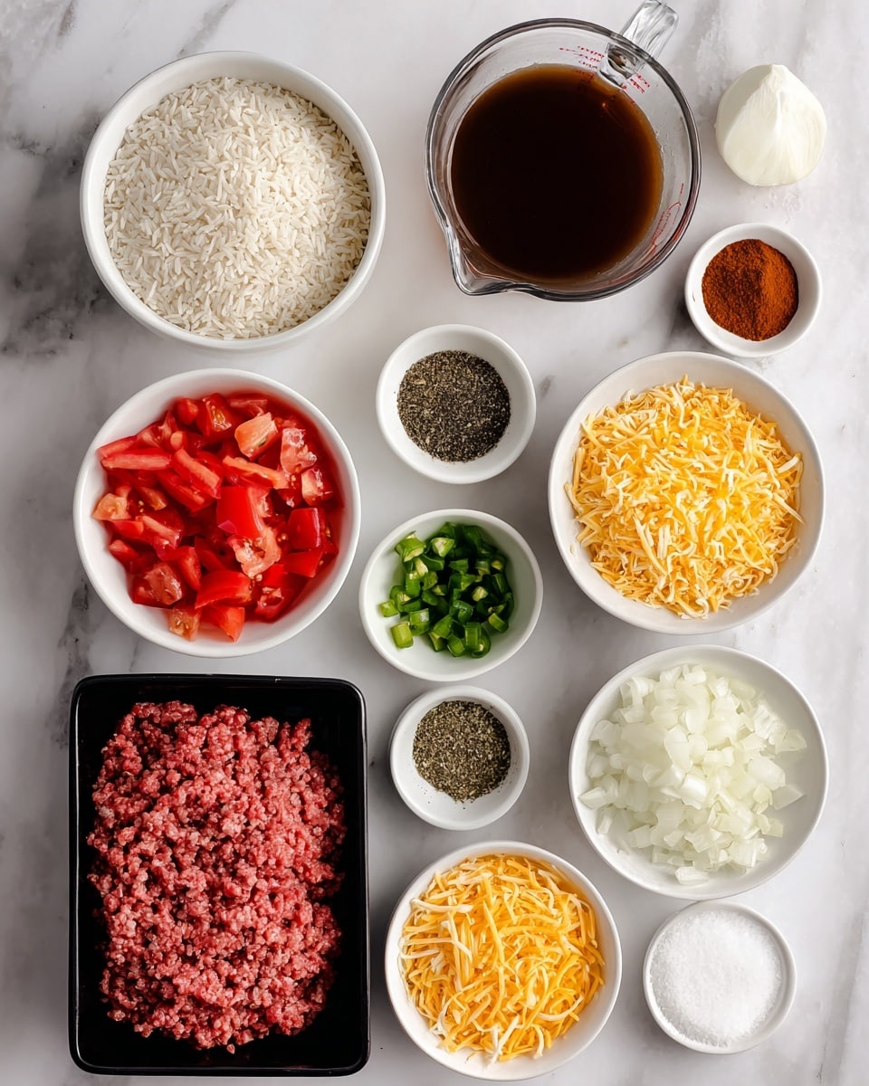 A top view image shows ingredients neatly arranged on a white marbled surface. In a white bowl at the top left is long-grain white rice, off-white and dry with a slightly rough texture. To its right, a clear measuring cup holds dark brown beef broth. Below the rice, a white bowl filled with vibrant red diced tomatoes with soft edges is placed. Next to the tomatoes, a small white bowl contains chopped green chilies, greenish-yellow and moist. In the center, raw ground beef is packed in a black tray, pink and finely textured. To the right of the beef, shredded yellow-orange colby jack or cheddar cheese fills a white bowl. Around the center tray are small white bowls with spices and ingredients: minced garlic in a small bowl with white bits, ground cumin with a fine dusty brown texture, black pepper in small coarse black grains, oregano with dark green flakes, salt as fine white grains, smoked paprika bright red powder, and chili powder dark red-brown in color. The bottom left features a white bowl of chopped white onions with a slightly glossy texture, all items arranged cleanly and clearly separated photo taken with an iphone --ar 4:5 --v 7
