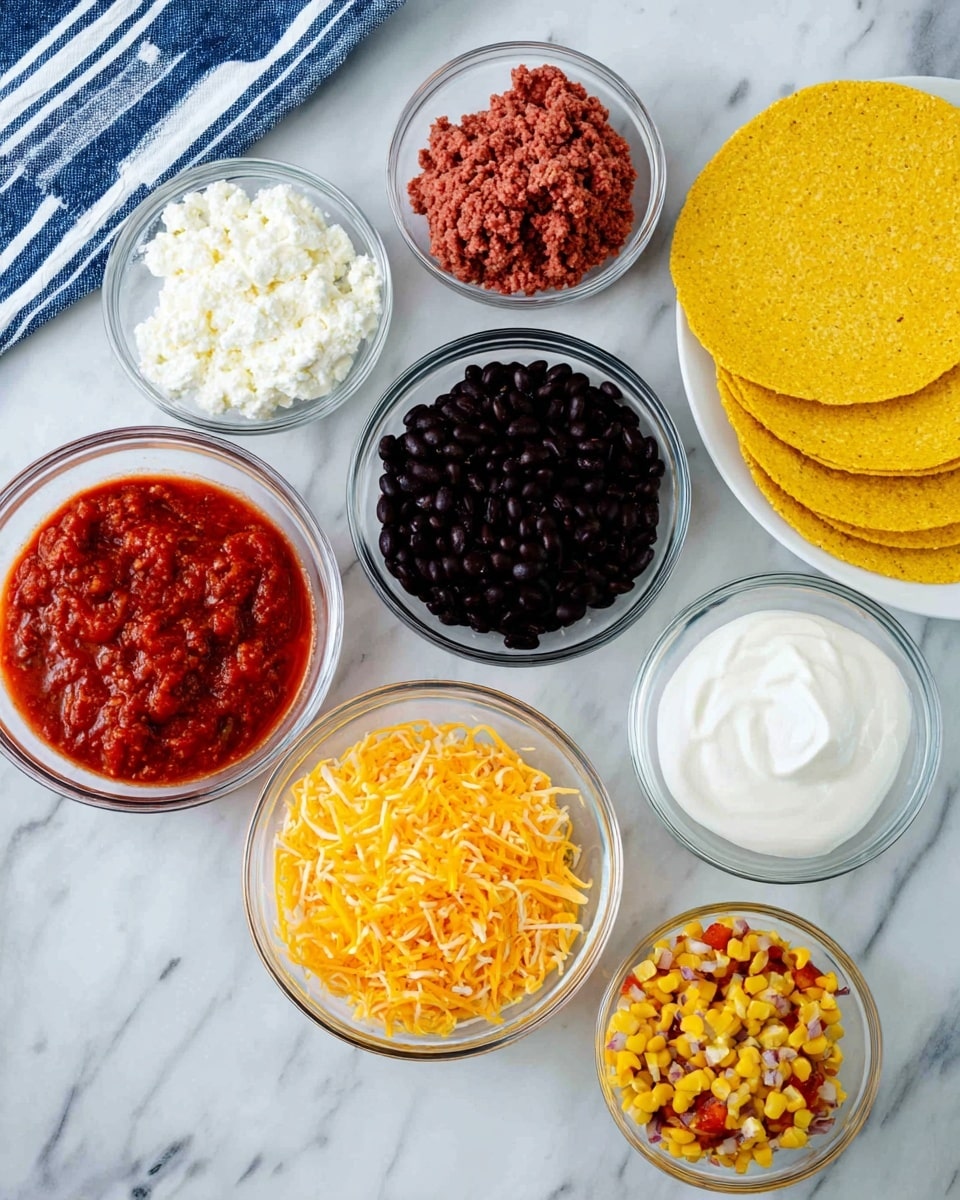 The image shows several bowls and a stack of yellow corn taco shells arranged on a white marbled surface. From left to right and top to bottom, there is a clear glass bowl with white cottage cheese, a clear glass bowl with ground red meat, a white bowl filled with black beans, a clear glass bowl with bright red salsa containing visible chunks of vegetables, a clear glass bowl filled with shredded orange cheddar cheese, a white bowl with yellow corn mixed with small bits of red seasoning, and a white bowl with smooth white sour cream. The yellow taco shells are stacked on the right side of the image, and a blue and white striped cloth is partially visible in the top left corner. photo taken with an iphone --ar 4:5 --v 7