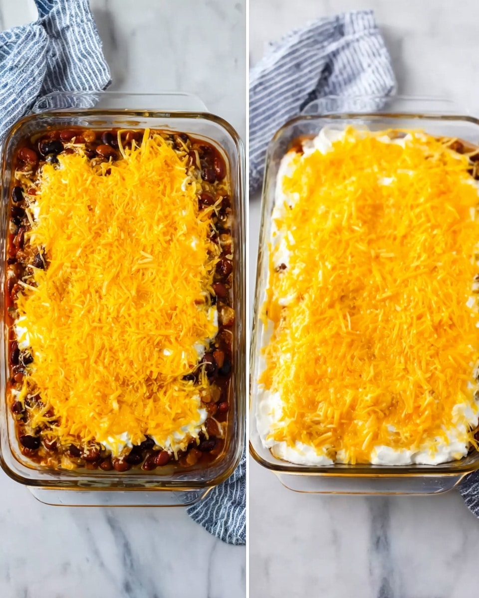 The image shows a clear rectangular glass baking dish placed on a white marbled surface. Inside the dish, there are multiple layers visible: the bottom layer looks like a mix of cooked beans and sauce with dark and reddish colors, followed by a smooth white layer that appears to be sour cream or a similar creamy ingredient. The top layer is a generous amount of shredded bright yellow cheddar cheese covering the entire dish evenly. To the right, the same dish is shown after baking, where the cheese has melted and turned a rich golden yellow with some slightly darker spots, spreading evenly across the creamy white layer and the beans underneath. A striped blue and white cloth is partially visible on the white marbled surface near the dish. Photo taken with an iphone --ar 4:5 --v 7