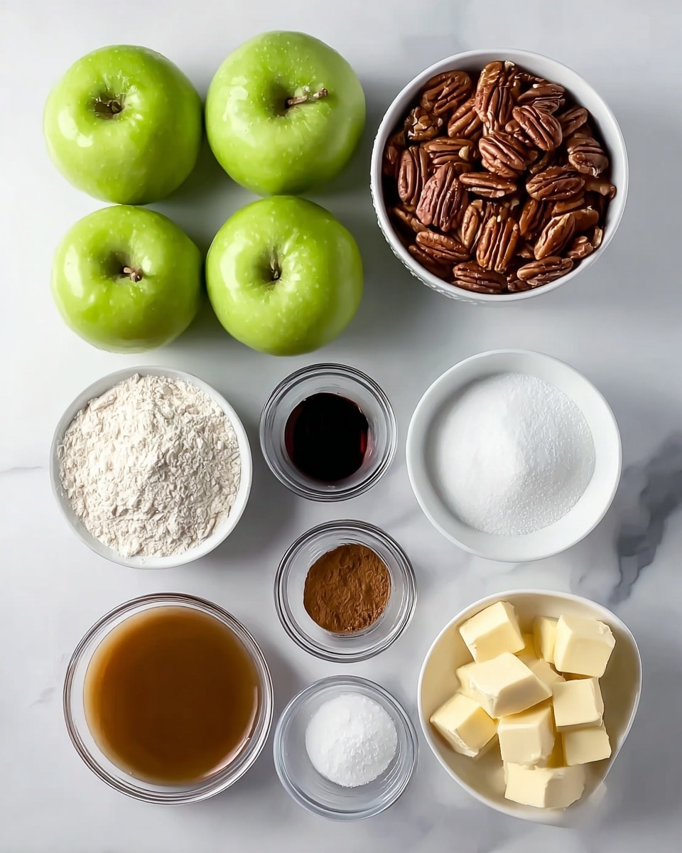 The image shows a white marbled surface with neatly arranged ingredients for baking. At the top left are four shiny green apples with brown stems, placed close together in a square shape. To the right of the apples is a white bowl filled with brown pecan nuts. Below the apples on the left is a white bowl full of white flour. Next to the flour is a small clear glass bowl containing white granulated sugar, and beside it is another small clear bowl with white salt. Centrally placed below the apples and nuts is a small clear bowl with dark vanilla extract. To the right of the sugar and salt bowls is a small clear bowl filled with brown ground cinnamon. Below the pecans is a white bowl filled with a brown liquid, likely caramel or syrup. At the bottom right are four cubes of light yellow butter arranged in a white bowl. All items are shown clearly with soft natural light. photo taken with an iphone --ar 4:5 --v 7