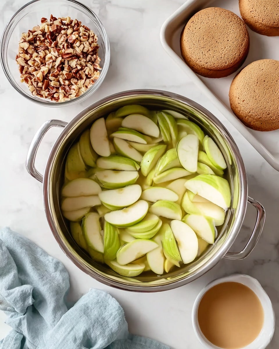 The image shows a pot filled with many slices of green and white apples, soaking in water, placed at the center on a white marbled surface. To the top right, there is a white baking tray holding three round, light brown cakes with a soft texture. Above the pot, to the left, there is a clear glass bowl filled with chopped nuts, showing a mix of brown and cream colors. At the bottom right corner, a small white cup holds a smooth, light brown sauce. A light blue cloth is spread out on the lower left side of the setup. Photo taken with an iphone --ar 4:5 --v 7
