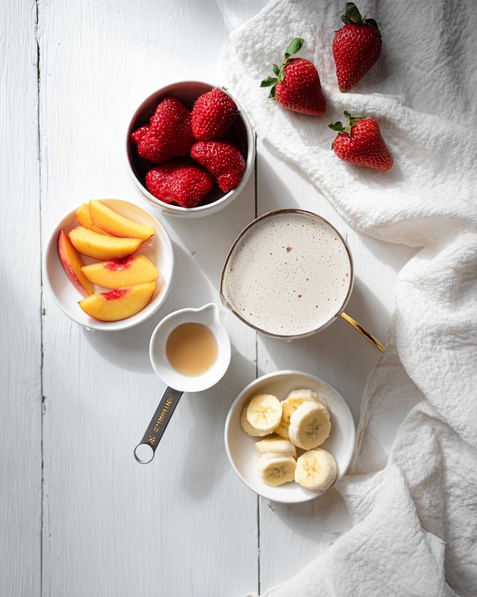 The image shows a white wooden surface with a white cloth on the upper right side holding three strawberries and two peach slices. On the table are five small white bowls and a small measuring cup with different ingredients: one bowl has a creamy white liquid with tiny bubbles on top, another holds frozen red strawberries, the third contains yellow peach slices, the fourth has sliced bananas, and the small measuring cup offers a small amount of light brown syrup, all neatly arranged in a loose cluster. The scene is lit softly with natural light. photo taken with an iphone --ar 4:5 --v 7