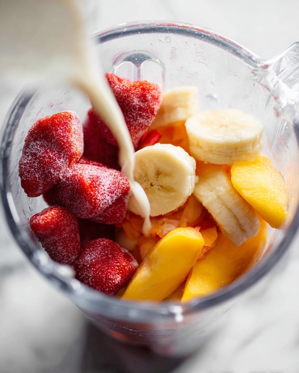 Inside a clear blender, there are three main layers of fruit: at the bottom are bright red frozen strawberries with a frosty texture, in the middle are smooth yellow-orange peach slices, and on top are soft, pale yellow banana slices. A white liquid is being poured over the fruit from above, winding softly onto the peach slices. The blender sits on a white marbled surface, and the image is sharp with wet and icy textures visible on the fruit. Photo taken with an iphone --ar 4:5 --v 7