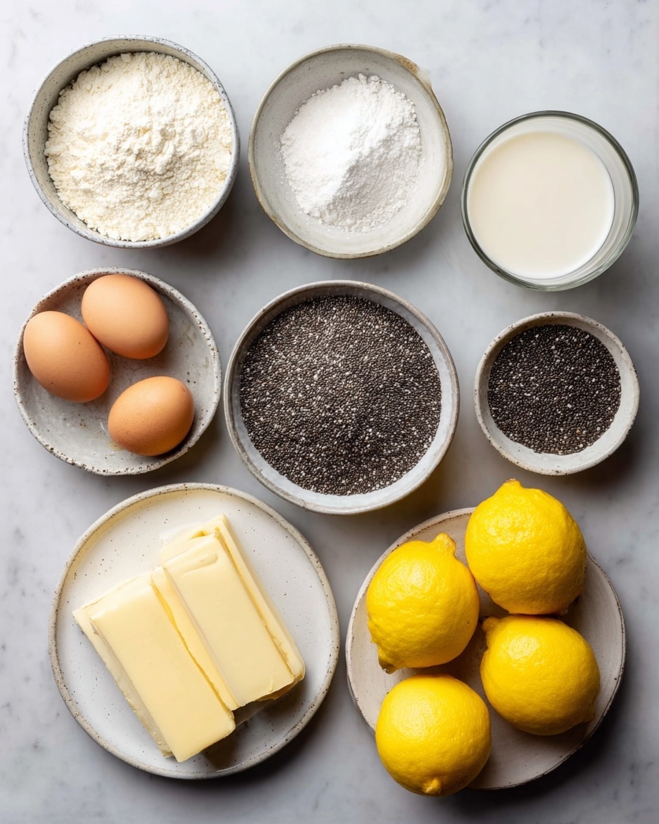 The image shows nine small bowls and one glass arranged neatly on a white marbled surface, each holding a different ingredient. The top row has a bowl filled with white flour on the left, a small white bowl of white grated cheese in the center, and a bowl of black chia seeds on the right. The middle row holds a small white bowl of white granulated sugar on the left, a white bowl with three brown eggs in the center, and a white plate with three bright yellow lemons on the right. The bottom row includes a white plate with two sticks of pale yellow butter on the left, a white bowl filled with more black chia seeds in the center, and a clear glass of white milk on the right. Photo taken with an iphone --ar 4:5 --v 7