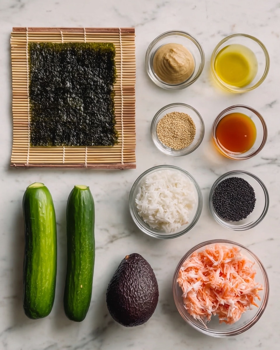 The image shows neatly arranged ingredients on a white marbled surface. At the top left is a square sheet of dark green seaweed on a bamboo mat. To the right are small clear glass bowls holding light beige paste, light yellow liquid, brown sauce, black and white sesame seeds, and light tan sesame seeds. Below these are two long green cucumbers placed side by side. Below the seaweed and sauces are a small bowl of white rice, a whole dark purple avocado, and a bowl filled with pink shredded crab meat. The colors include dark green, white, beige, light brown, dark purple, pink, and green, all presented in clear bowls or natural form, creating a clean and organized layout. photo taken with an iphone --ar 4:5 --v 7