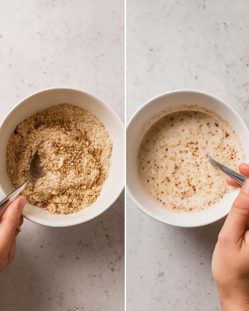 The image shows two white bowls on a white marbled surface. The left bowl contains dry crumbly light brown mixture with uneven texture, being stirred with a metal spoon held by a woman's hand. The right bowl has a creamy frothy light tan mixture with small brown specks, being stirred with a spoon inside the bowl, while a woman's hand holds the bowl from the side. Both scenes focus closely on the contents and stirring action. photo taken with an iphone --ar 4:5 --v 7