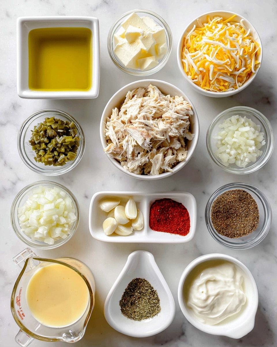 This image shows many small bowls and one measuring cup with different cooking ingredients arranged neatly on a white marbled surface. Starting in the top left is a square white bowl with yellow olive oil, next to it on the right is a clear round bowl filled with shredded yellow and white cheese. Below the olive oil is a white bowl filled with light brown shredded chicken. To the right of the chicken is a clear round bowl with white chopped onions, and next to that is a white bowl with chopped green chiles. Below the onions and chiles is a smaller clear bowl with small pieces of garlic. To the right of the garlic is a small oval white dish divided into two sections, holding brown cumin on top and green oregano on the bottom. Below the chicken is a clear measuring cup with yellow chicken broth, next to it is a white bowl with heavy cream which is white and smooth. Below the garlic and seasoning dish is another small white dish, divided into three parts, holding red cayenne pepper, black pepper, and white salt. Finally, to the right of this seasoning dish is a white bowl filled with white cream cheese, which has a smooth and soft texture. The photo was taken with an iphone --ar 4:5 --v 7