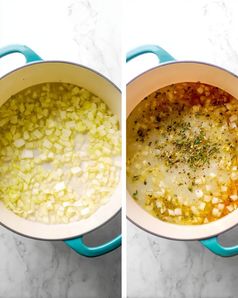 The image shows two side-by-side views of a white pot with a turquoise handle on a white marbled surface. In the left view, the pot is filled with a single layer of small, soft, pale yellow diced onions. In the right view, the pot contains a layered mix of diced onions, a creamy white liquid, and a light brown broth, topped with green herbs and black pepper specks floating on the surface. Both images highlight the textures of soft onions and the smooth liquid with scattered herbs. The setting is bright with clear details. photo taken with an iphone --ar 4:5 --v 7