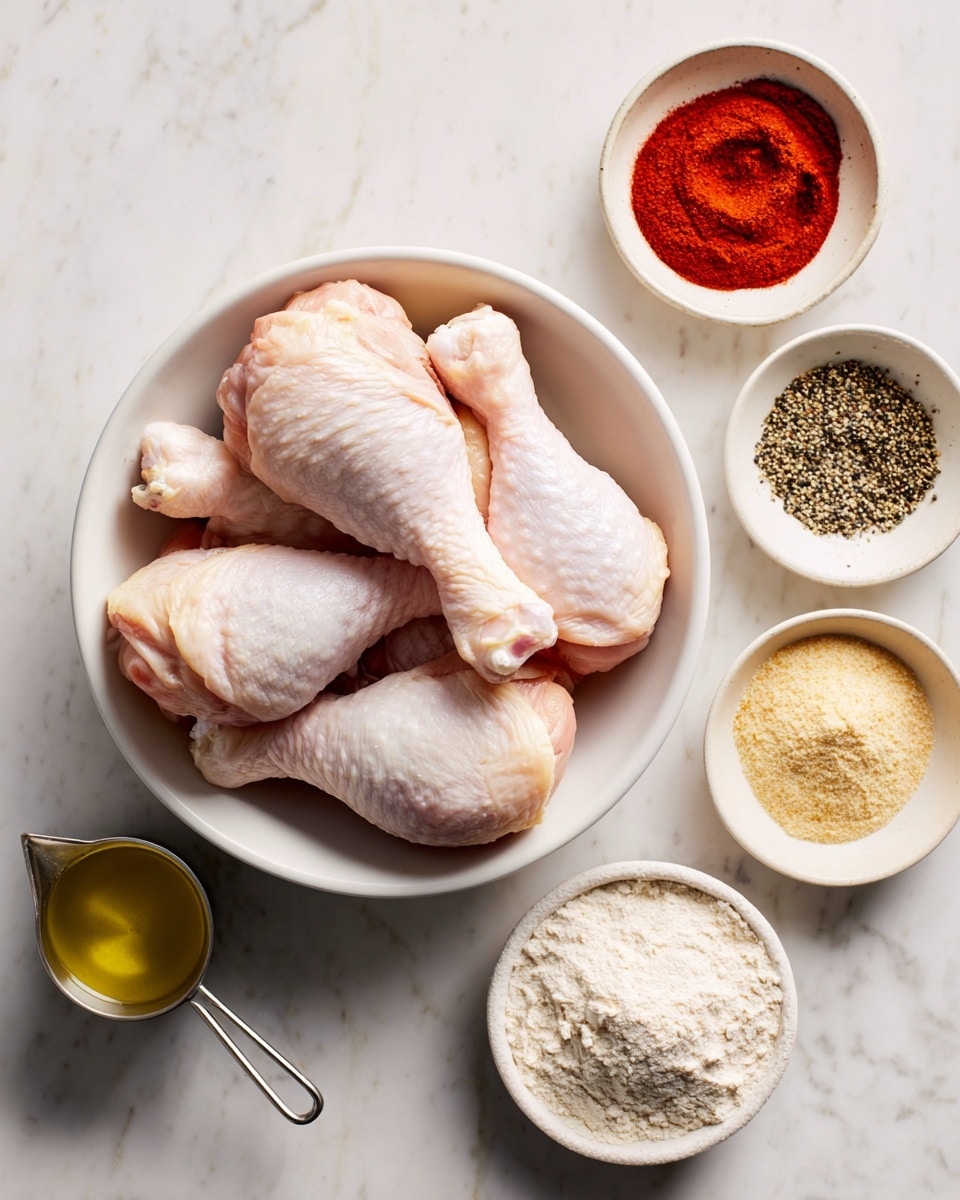 A white bowl filled with seven raw chicken drumsticks stacked closely, showing pale pink skin with texture. Around the bowl are six small white bowls containing different powders and oil: bright red paprika with a swirl on top to the upper right, ground black pepper with a dark speckled pile above, pale yellow garlic powder with a swirled texture on the lower left, light beige onion powder to the upper right of the chicken, white baking powder with a soft pile on the lower right, and a small metal measuring cup with clear golden avocado oil at the bottom left. All items are set on a white marbled surface. Photo taken with an iphone --ar 4:5 --v 7