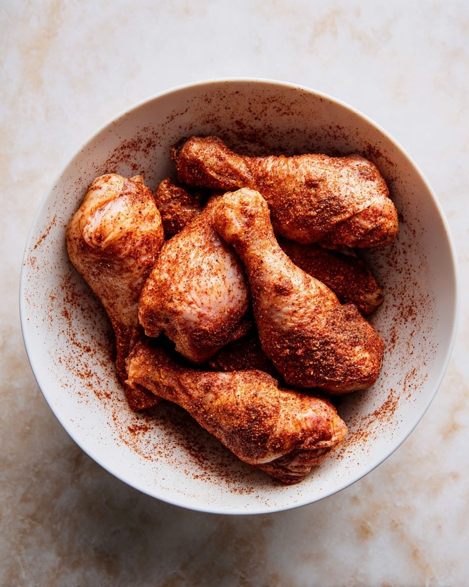 A large white bowl holds seven chicken drumsticks, each covered evenly with a dry red spice rub that has a mix of fine and coarse textures. The drumsticks overlap slightly, filling the bowl with a rough, grainy coating in deep reddish-brown hues. The inside of the bowl is lightly dusted with some of the spice rub, showing splatters of color against the matte white interior. The bowl sits on a white marbled surface. photo taken with an iphone --ar 4:5 --v 7