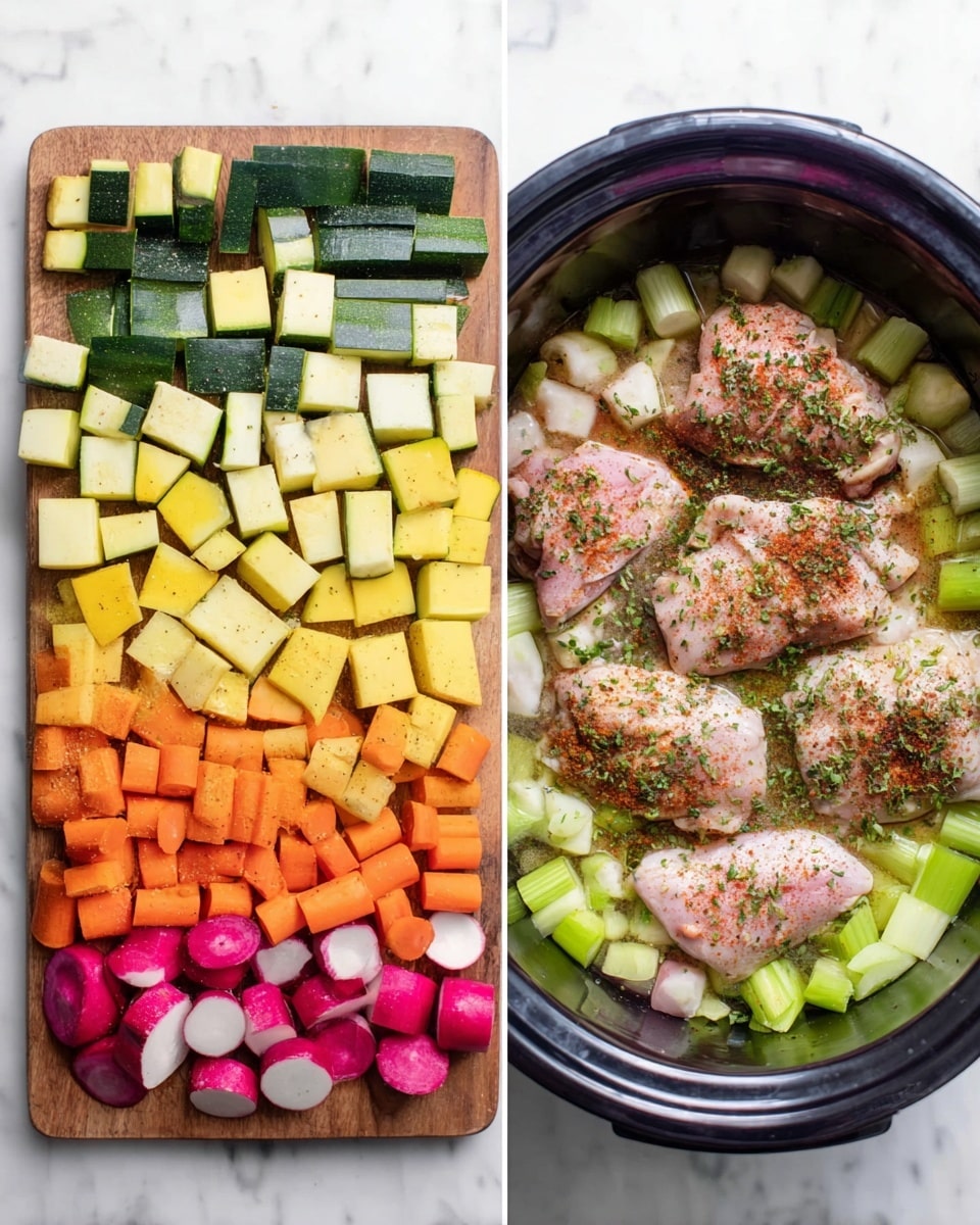 The image shows two side-by-side scenes: On the left, there is a wooden board with five layers of chopped vegetables, neatly arranged in rows from top to bottom. The top row has dark green zucchini pieces with light green inside, the second row has pale yellow squash pieces, the third row has quartered bright pink and white radishes, the fourth row has orange carrot slices, and the bottom row has small light green celery pieces. On the right, there is a white marbled surface with a slow cooker filled with the same chopped vegetables as the left image at the bottom. On top of the vegetables, there are three raw pale pink pieces of chicken seasoned with green herbs and reddish-brown spices. photo taken with an iphone --ar 4:5 --v 7