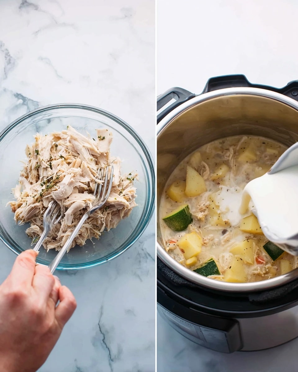 The left side of the image shows a woman's hand holding two forks shredding cooked chicken in a clear glass bowl placed on a white marbled surface. The chicken is pale with visible herbs and has a soft texture. On the right side, cream or milk is being poured into a stainless steel Instant Pot filled with shredded chicken, chopped vegetables like potatoes and zucchini in a light broth, creating a smooth, creamy mixture inside the pot. The background is a white marbled surface. photo taken with an iphone --ar 4:5 --v 7