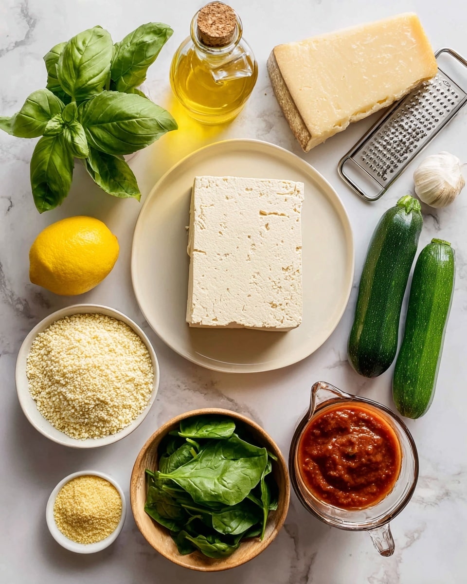 The image shows various cooking ingredients arranged neatly on a white marbled surface. In the center, there is a white plate with a large, light beige block of tofu. Surrounding it, starting from the top left, there is fresh green basil with a leafy texture, a glass bottle of golden olive oil, and a metal grater next to a block of pale yellow vegan parmesan. To the right of the tofu, there are two green zucchinis with a smooth texture. Below them, a glass measuring cup filled with thick red sauce with visible texture sits on the marble. Below the tofu plate, there is a small wooden bowl filled with pale yellow panko breadcrumbs. To the lower left, a white bowl holds fresh, dark green spinach leaves. Near it, a small round container with yellow nutritional yeast is placed. On the left side of the tofu, a bright yellow lemon with a slightly rough skin rests on the marble. Finally, there is a single bulb of white garlic near the top right area. All items are clearly separated with natural lighting highlighting their colors and textures. Photo taken with an iphone --ar 4:5 --v 7