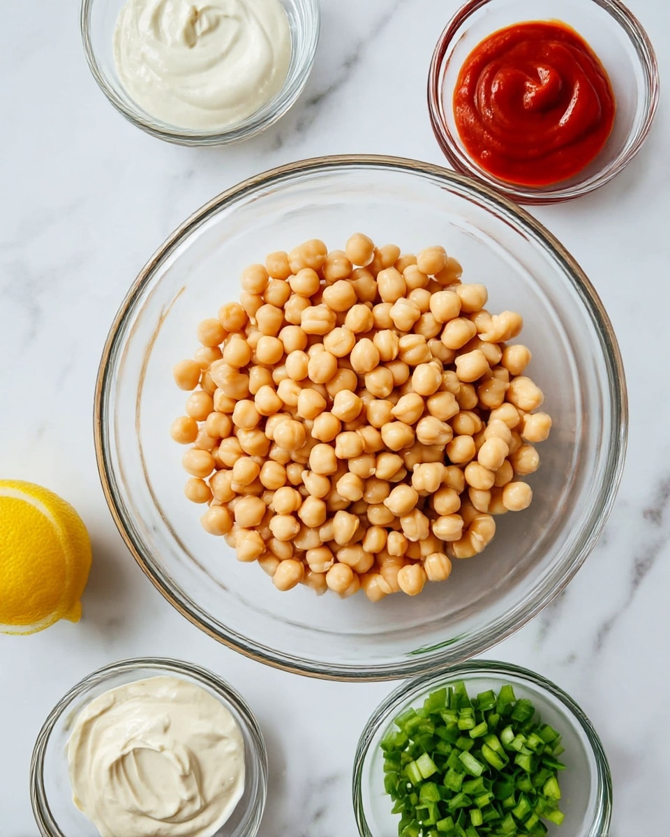 A large clear glass bowl filled with light brown chickpeas sits in the center on a white marbled surface. Around it are smaller clear glass bowls holding white creamy sauce, red sauce, green chopped scallions, and a white smooth spread. A halved lemon, showing its yellow interior, is placed to the left of the bowls. The overall arrangement is neat and colorful with natural lighting. Photo taken with an iphone --ar 4:5 --v 7