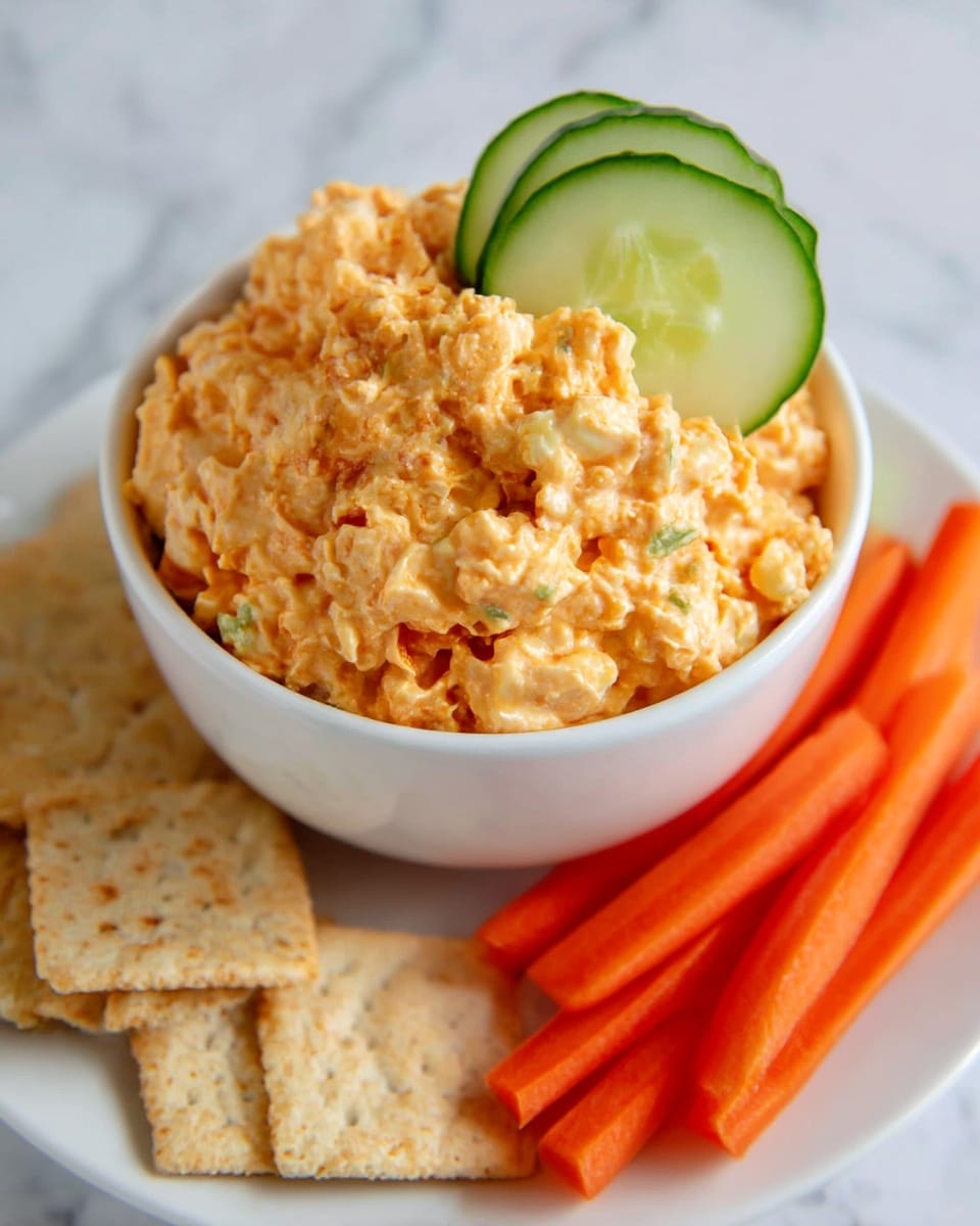 The image shows a white bowl filled with a chunky, light orange salad that looks creamy with small pieces of vegetables mixed in. Two thin, round cucumber slices with green edges rest on top of the salad. The bowl sits on a white plate with several bright orange carrot sticks and beige crackers around the bowl’s lower side. The background is a smooth white marbled surface. Photo taken with an iphone --ar 4:5 --v 7
