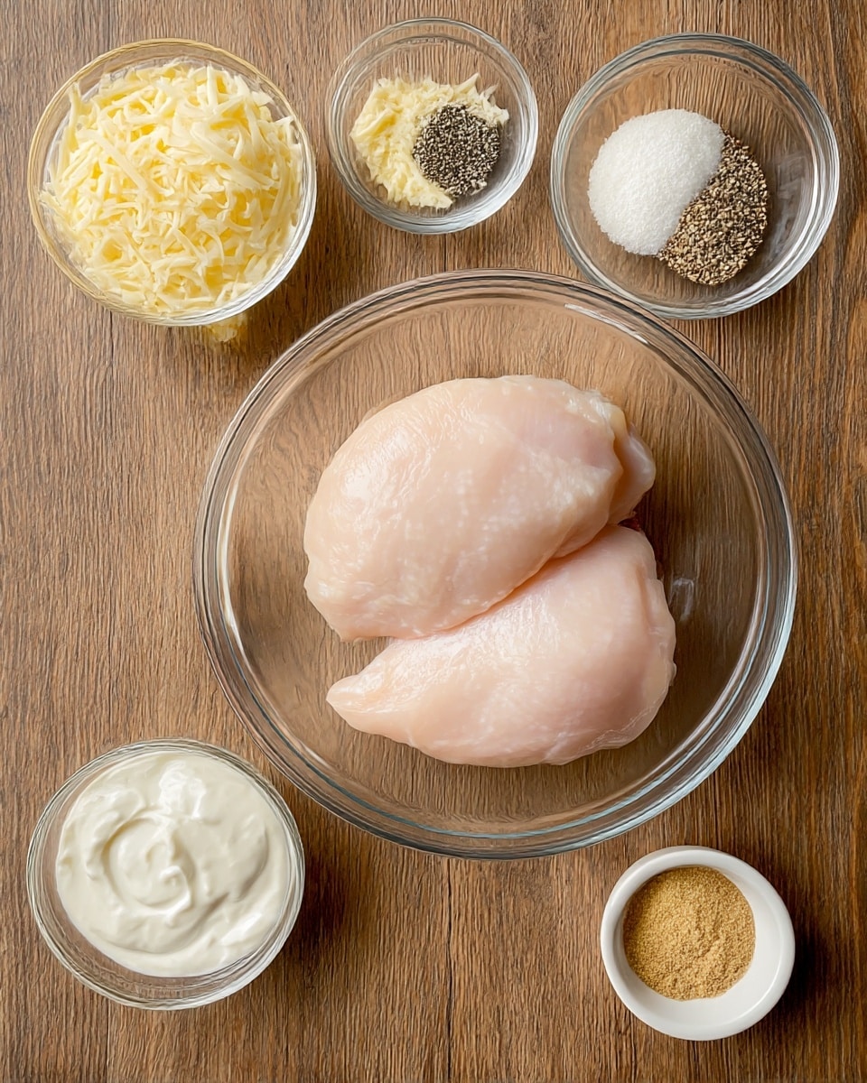 Two raw light pink chicken pieces are placed side by side in a clear glass bowl in the center on a wooden surface. Around this bowl, there are five smaller white or clear glass bowls arranged: shredded pale yellow cheese on the top left, white coarse salt on the top right, black and white mixed pepper in a small white bowl on the left, creamy white yogurt in a clear glass bowl on the bottom left, and light brown powdery garlic powder in a small white bowl on the bottom right. The surface underneath everything has a wooden texture. photo taken with an iphone --ar 4:5 --v 7