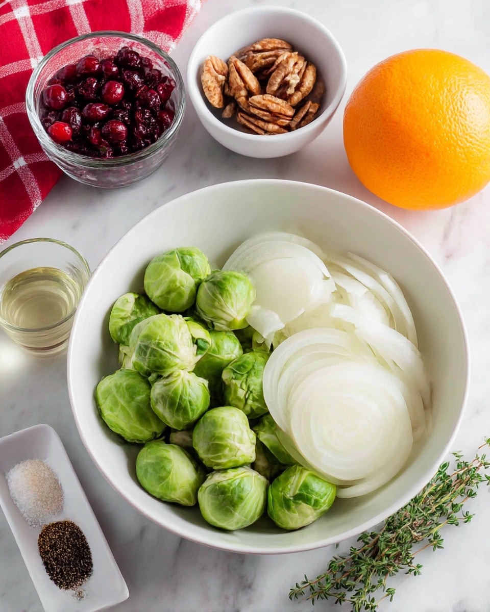 A white bowl filled with whole bright green brussels sprouts and white sliced onions arranged in layers on one side, with a small bunch of fresh green thyme placed at the bottom right of the bowl; nearby to the left, a small white dish contains three piles of seasonings in white, black, and light brown colors; a small clear glass holds a transparent liquid; behind the bowl, on a white marbled surface, are three small bowls—a white one with dark brown walnut halves, another white one with a whole orange, and a clear glass bowl filled with small dark red dried cranberries; a red and white checkered cloth is partially visible at the top left corner of the scene; photo taken with an iphone --ar 4:5 --v 7