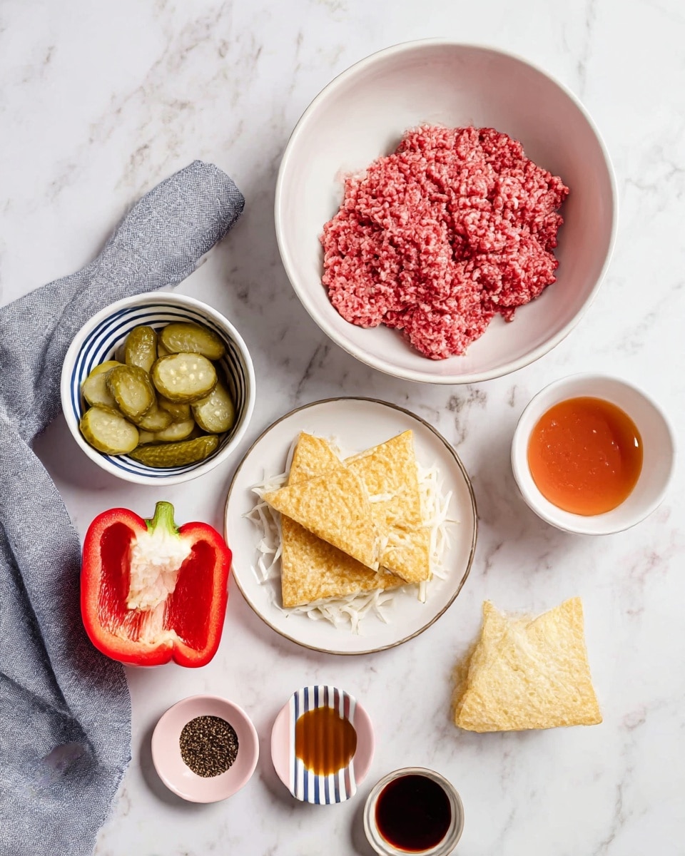 The image shows several ingredients arranged neatly on a white marbled surface. There is a large white bowl with raw ground beef, a small white bowl of sliced pickles, a small white bowl of shredded white cheese, and a white plate holding four crisp, golden triangular hash browns. Near these, there is half a red bell pepper showing its hollow inside with seeds removed, a half white onion, and a small white cup filled with a reddish sauce. A small striped dish contains dark brown seasoning, and a small pink dish holds light brown mustard and dark soy sauce side by side. A grey cloth is partially visible near the bowl of beef. The photo taken with an iphone --ar 4:5 --v 7