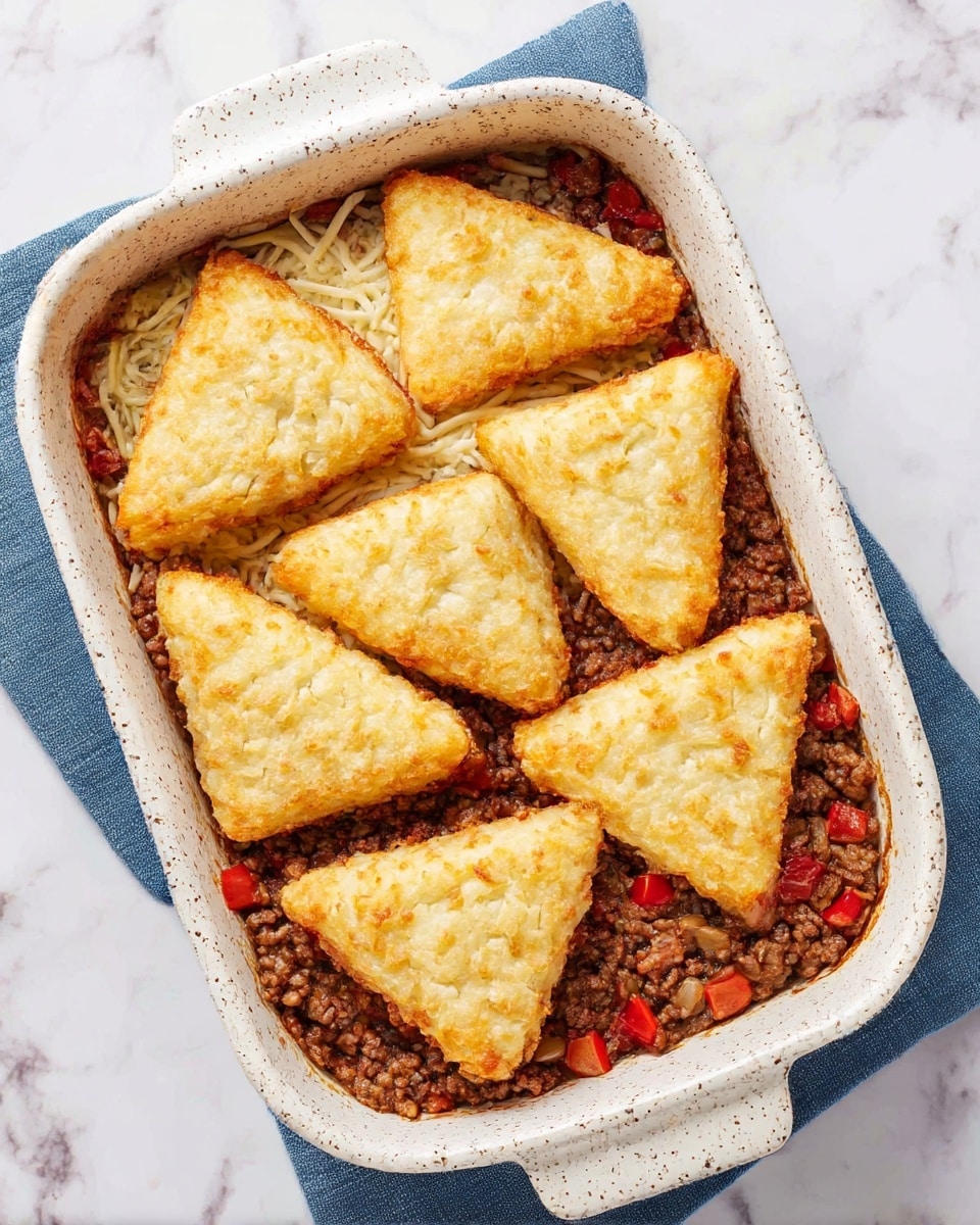 A white speckled rectangular baking dish holds a layered meal set on a white marbled surface with a blue cloth beneath it. The bottom layer consists of cooked ground meat mixed with small pieces of red bell pepper, filling the base evenly with a rich brown and red color mix. Above this is a thin, scattered layer of shredded cheese peeking through in pale yellow strands. Six golden, triangular hash brown patties are neatly placed on top in two rows, their crispy textured surfaces giving a warm, crunchy look. Photo taken with an iphone --ar 4:5 --v 7