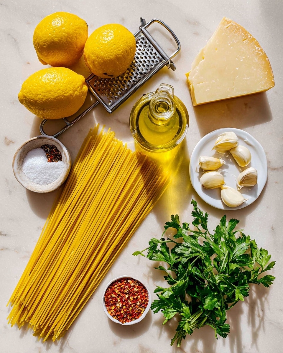 The image shows cooking ingredients spread neatly on a white marbled surface. At the center, there is a pile of uncooked, long yellow spaghetti noodles with a slight shine. To the right of the noodles, there is a small bunch of fresh green parsley leaves with visible texture. Above the parsley, there is a wedge of hard cheese with a light yellow color and a rough surface. Closest to the top right, several peeled garlic cloves are placed in a small group. In the upper left corner, there are three whole bright yellow lemons resting on a metal grater with a handle. Next to the lemons, there is a clear glass bottle filled with yellow olive oil, showing its smooth, shiny surface. Above the olive oil bottle, there is a small white dish divided into two sections, one filled with salt and the other with black pepper. To the left of the lemons, there is a small round white dish filled with coarse red chili flakes. The whole setup looks bright and fresh with good natural light. Photo taken with an iphone --ar 4:5 --v 7