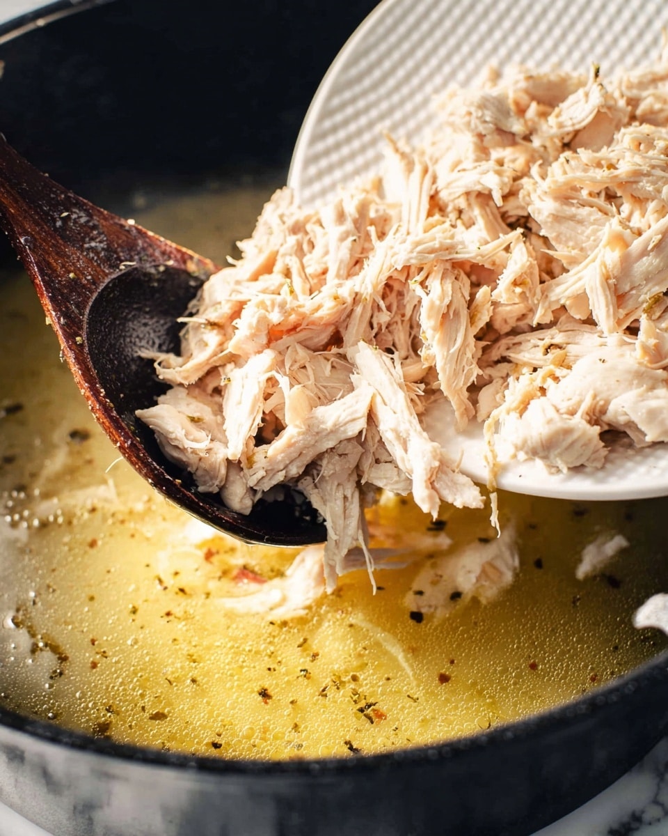 A close-up image shows shredded cooked chicken being poured from a white textured plate into a black pot filled with light yellow broth with seasoning specks. The shredded chicken is pale with some white and beige tones, slightly stringy in texture. A dark wooden spoon rests under the chicken on the edge of the plate, guiding the meat into the pot. The pot's inside surface is black, contrasting with the pale broth and chicken, while the background is a white marbled texture. photo taken with an iphone --ar 4:5 --v 7